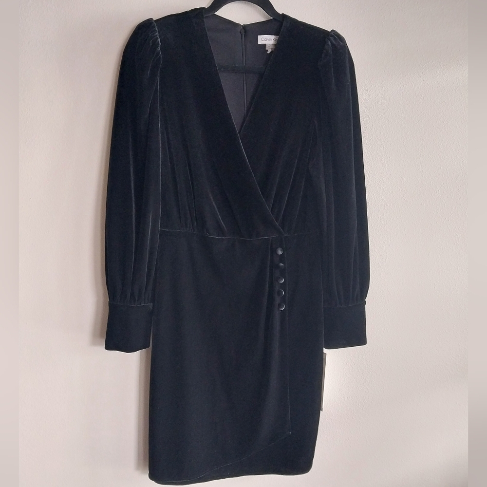 Calvin Klein Black Velevt V-Neck Bishop Puff Sleeve Midi Dress